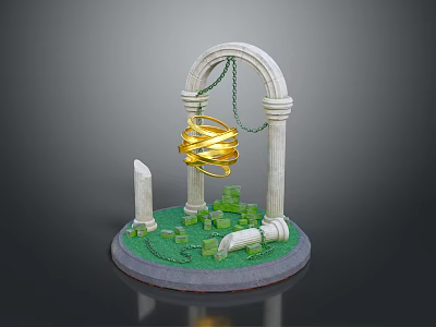 Decorative Miniature Scene With Arch Columns Golden Spiral Green Blocks And Stone Pieces 3d model