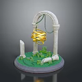 Decorative Miniature Scene With Arch Columns Golden Spiral Green Blocks And Stone Pieces