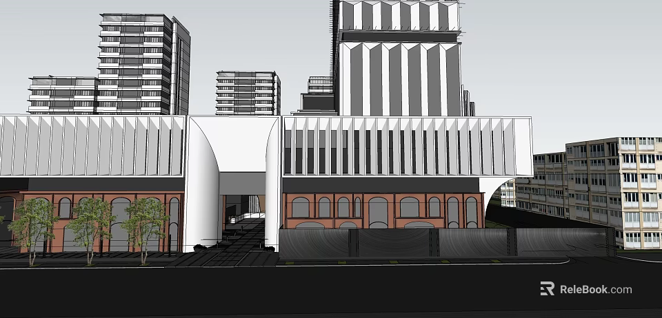 Garden Landscape Design with Modern High Rise Low Rise Buildings Entrance and Trees 3d model 