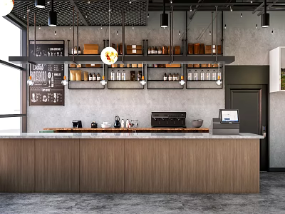 Modern Wooden Bar Counter With Metal Shelves Bottles Coffee Machine Cash Register And Gray Walls 3d model