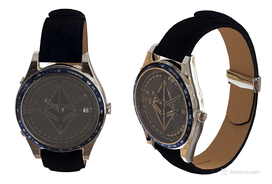 Luxury Wrist Watch With Black Leather Strap Ethereum Logo Blue Bezel And Dark Dial 3d model 