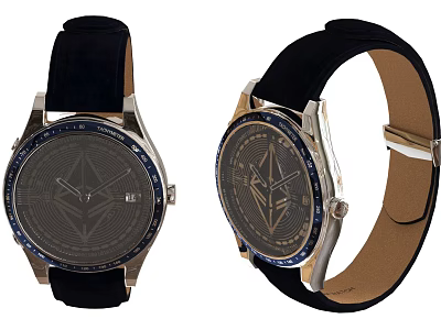 Luxury Wrist Watch With Black Leather Strap Ethereum Logo Blue Bezel And Dark Dial 3d model