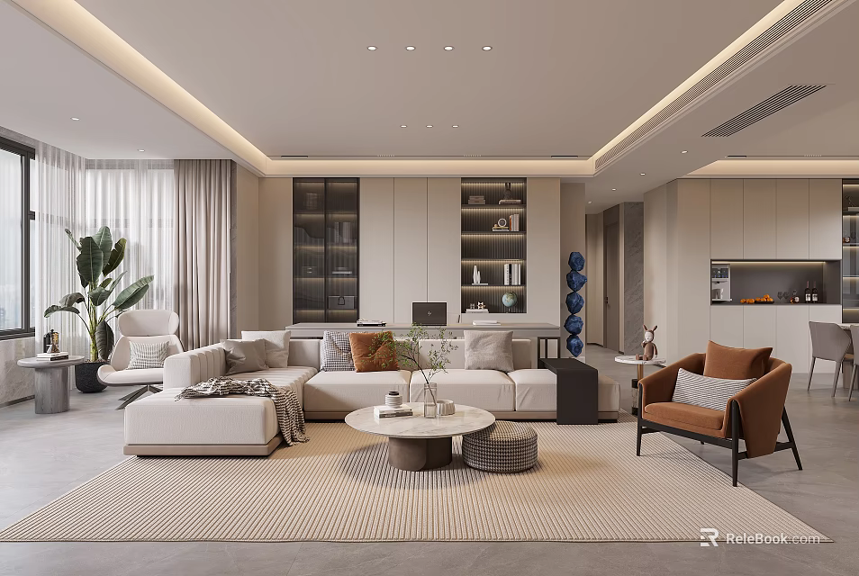 Modern Open Concept Living Dining Room With Beige Sofa Coffee Table Plant And Display Cabinet 3d model 