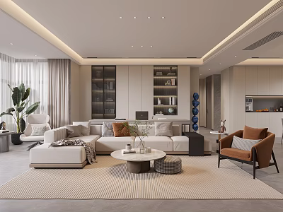 Modern Open Concept Living Dining Room With Beige Sofa Coffee Table Plant And Display Cabinet 3d model