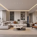 Modern Open Concept Living Dining Room With Beige Sofa Coffee Table Plant And Display Cabinet