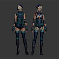 Female Sci Fi Characters In Blue Tactical Combat Armor Suits Standing