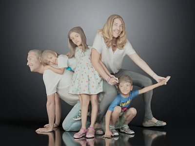 Happy Family Group Posing Together For Studio Portrait On Dark Background 3d model
