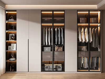 Modern Wardrobe Interior Design With Glass Doors Hanging Clothes And Storage Compartments 3d model