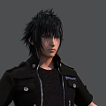 Human Character with Black Spiky Hair Wearing Black Jacket and Silver Buttons on Gray Background