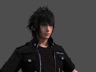 Human Character with Black Spiky Hair Wearing Black Jacket and Silver Buttons on Gray Background 3d model