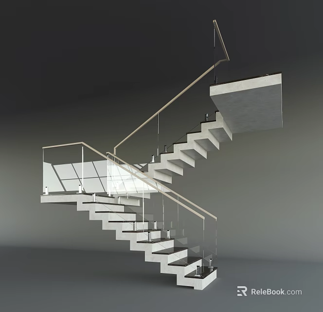 Modern Staircase Interior Design With Glass Railing And White Steps 3d model