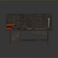 Practical Wooden Workbench With Tools Hammer Ruler Red Box Wooden Boards And Hanging Tools