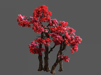 Vibrant Arbor with Lush Red and Pink Foliage and Multiple Brown Trunks 3d model