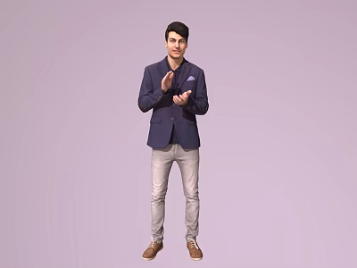 A Man In Navy Blazer Light Gray Pants Gesturing With Hands Against Light Purple Background 3d model