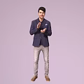 A Man In Navy Blazer Light Gray Pants Gesturing With Hands Against Light Purple Background