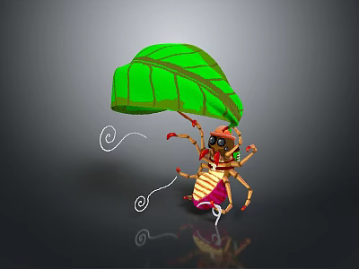 Cartoon Insect Wearing Sunglasses Flying With Green Leaf Parachute And White Ropes 3d model