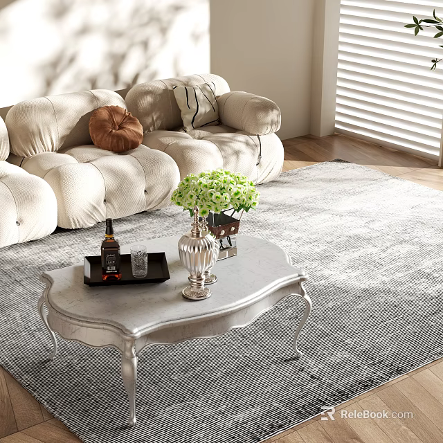 Silver Coffee Table With Green Plants Tray And Beige Sofa On Gray Rug 3d model 