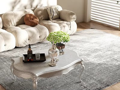 Silver Coffee Table With Green Plants Tray And Beige Sofa On Gray Rug 3d model