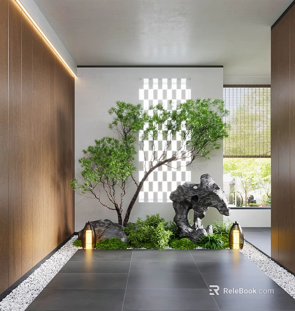 Elegant Indoor Landscape With Tree Rock Green Plants Lantern Lights And Wooden Wall 3d model 