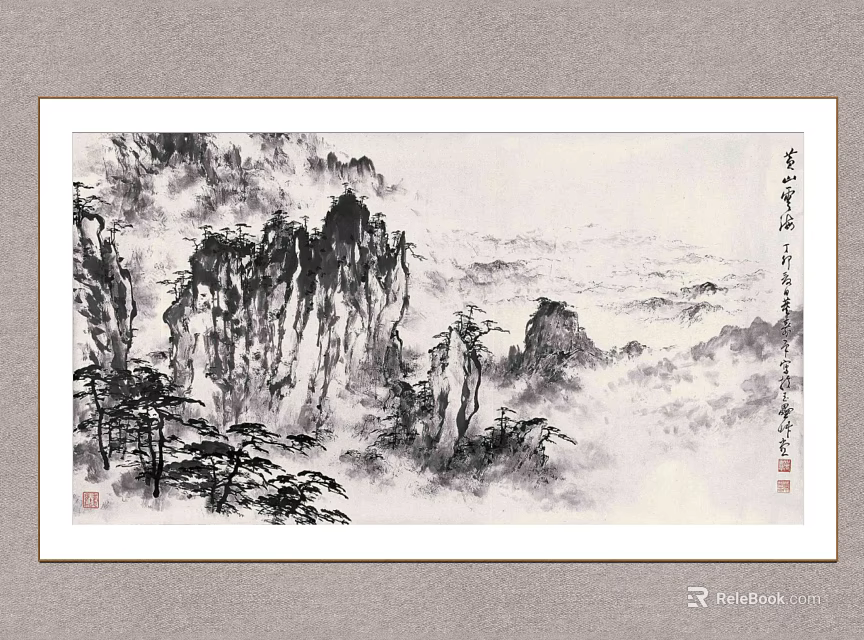 Chinese Traditional Ink Painting Wall Art With Mountain Pine Trees Clouds And Calligraphy 3d model 
