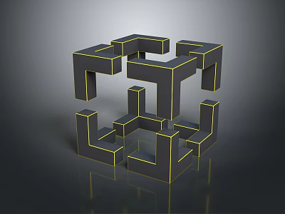 Modern Abstract Black Geometric Sculpture With Yellow Lines Interlocking Blocks 3D Structure 3d model