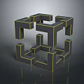 Modern Abstract Black Geometric Sculpture With Yellow Lines Interlocking Blocks 3D Structure 3d model