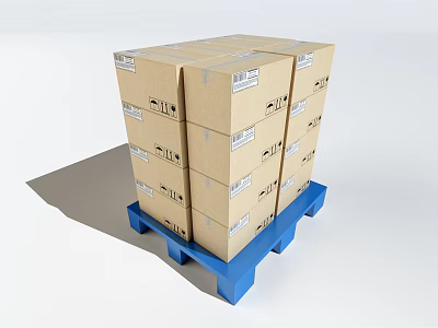 Labeled Cardboard Boxes Securely Stacked On Blue Pallet For Shipping 3d model