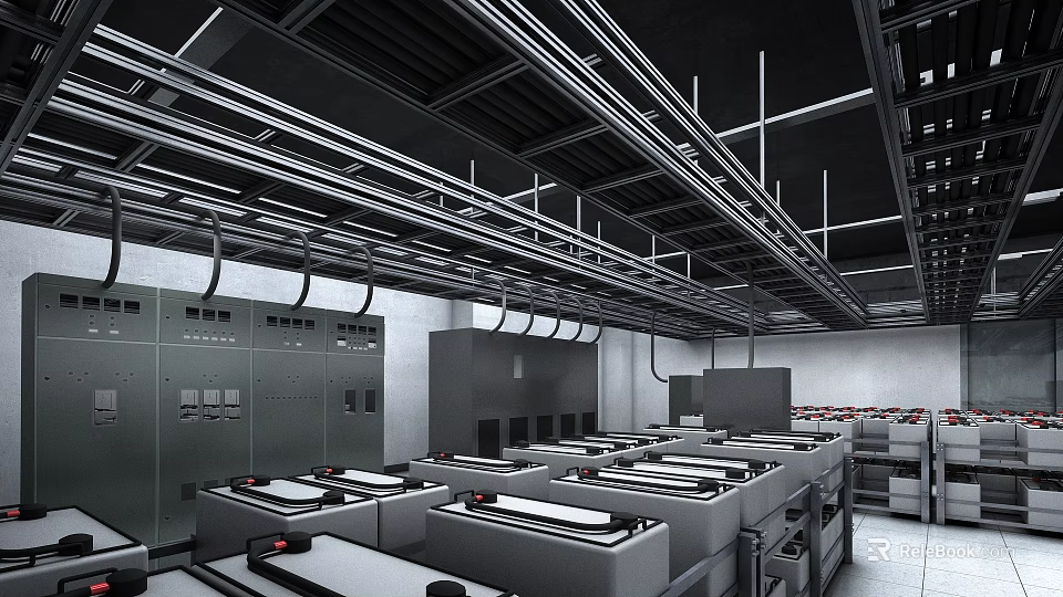 Modern Industrial Public Office Space With Metal Ceiling Pipes Beams Neat Workbenches And Gray Tones 3d model 