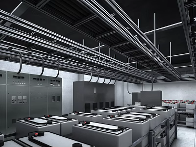 Modern Industrial Public Office Space With Metal Ceiling Pipes Beams Neat Workbenches And Gray Tones 3d model