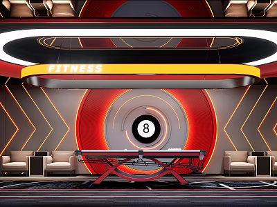 Modern Billiard Room With 8 Ball Decor Red Black Lighting And Sofas 3d model