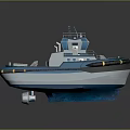 Wooden Tugboat With Blue And White Hull Deck Equipment And Yellow Stripes Design