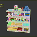 Retail Display Shelving Unit with Toilet Paper Rolls Beverage Bottles and Personal Care Products