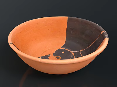 Hand Carved Ceramic Bowl With Orange And Black Cracked Sculptural Design 3d model