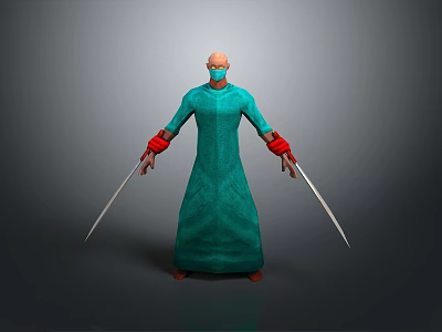 3D Character With Green Robe Mask Orange Gloves Holding Two Swords Standing Pose 3d model