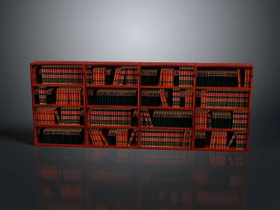 Red Wooden Bookshelf Filled With Stacked Books In Modern Interior 3d model