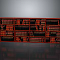Red Wooden Bookshelf Filled With Stacked Books In Modern Interior