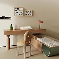 Modern Poliform Desk Featuring Butterfly Wall Art Pink Table Lamp Striped Chair and Storage Box