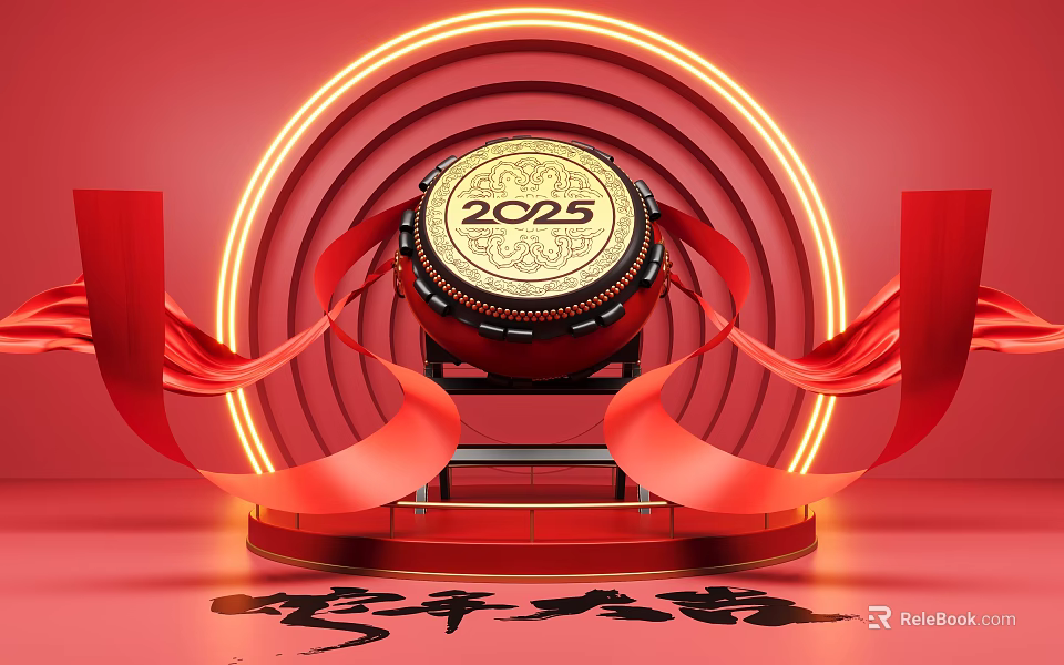 2025 Golden Circular Ornament On Red Background With Red Ribbons And Neon Light Ring 3d model 
