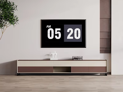 Modern TV Stand In Living Room With TV Decorative Items Plant And Wooden Floor 3d model