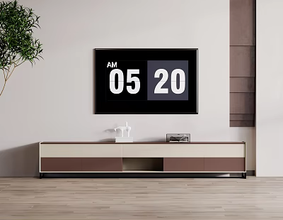 Modern TV Stand In Living Room With TV Decorative Items Plant And Wooden Floor 3d model