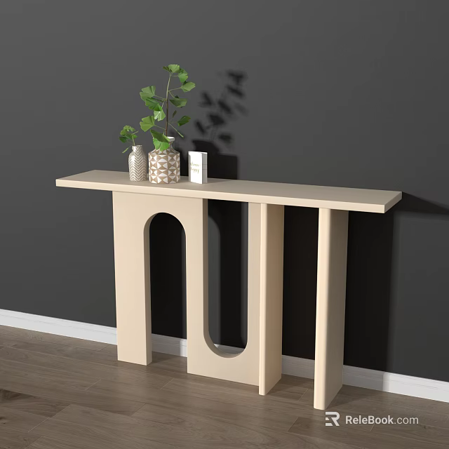 Modern Console Table With Arched Design Green Plants And Decorative Items On Dark Gray Wall 3d model