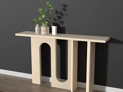 Modern Console Table With Arched Design Green Plants And Decorative Items On Dark Gray Wall 3d model