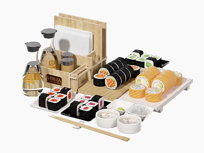 Assorted Sushi Rolls With Soy Sauce Bottles On Wooden Serving Tray And Small Bowls 3d model