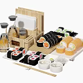 Assorted Sushi Rolls With Soy Sauce Bottles On Wooden Serving Tray And Small Bowls