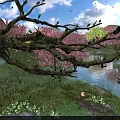 Beautiful Natural Landscape With Cherry Blossom Trees Pink Flowers River Butterfly Green Grass And Rocks