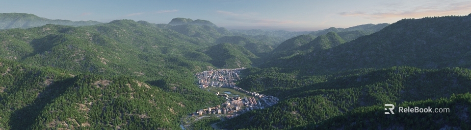 Aerial Planning of Mountain Surrounded Town With River and Lush Green Vegetation 3d model 