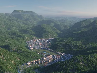 Aerial Planning of Mountain Surrounded Town With River and Lush Green Vegetation 3d model