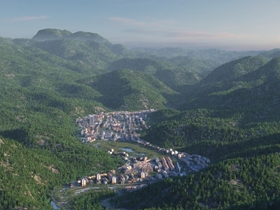 Far Mountain Aerial View of Forest Alpine Town Aerial View of Mountain Scenery Castle Peak Planning Jungle Thousands of Miles 3d model