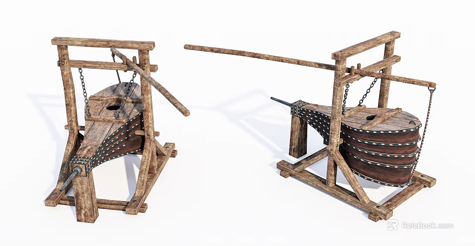 Ancient Wooden Siege Weapons With Medieval Catapult Design And Metal Straps 3d model 