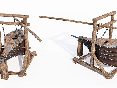 Ancient Wooden Siege Weapons With Medieval Catapult Design And Metal Straps 3d model